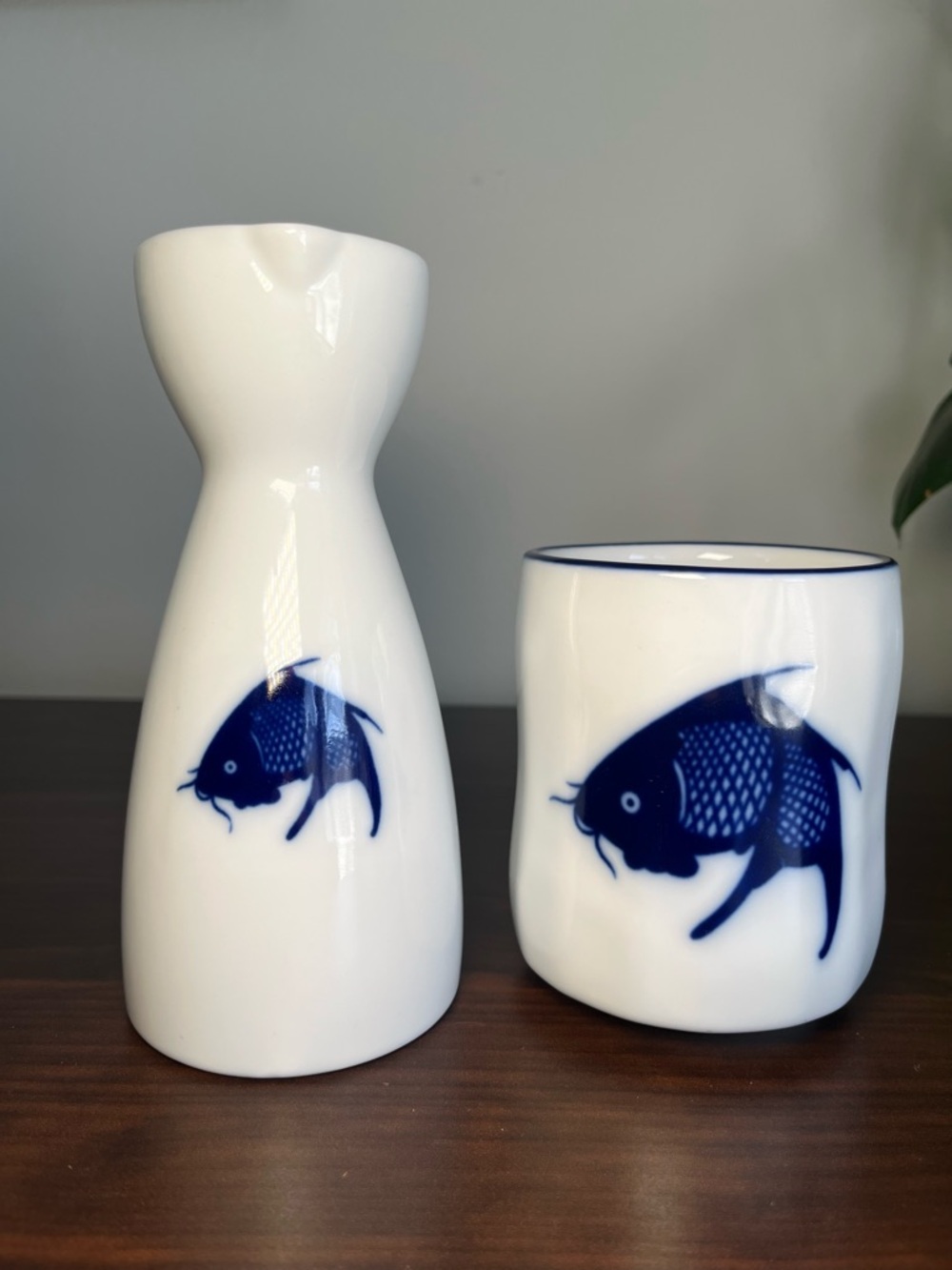 Set of Vintage White Ceramic Tea Cup and Sake bottle with Blue Koi Oriental Fish